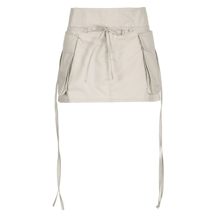 Summer Trendy Fresh Preppy Workwear Short Skirt Pocket Stitching Tied a-Line Skirt