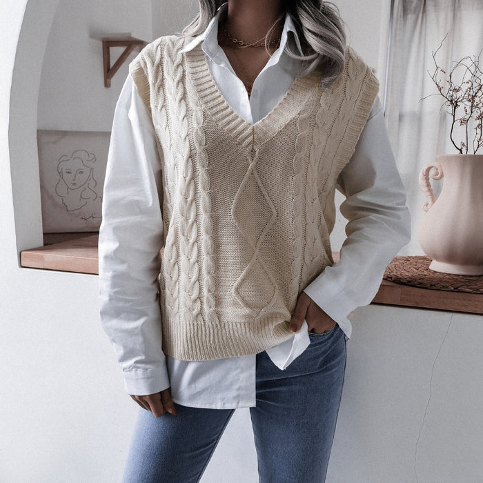 Autumn Winter V neck Twist Casual Loose Knitted Vest Sweater Waistcoat Women Clothing