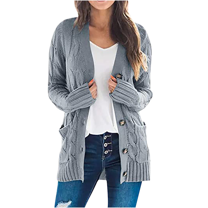 Autumn Winter Women Clothing Casual Cardigan Coat Solid Color Twist Button Cardigan Sweater Women