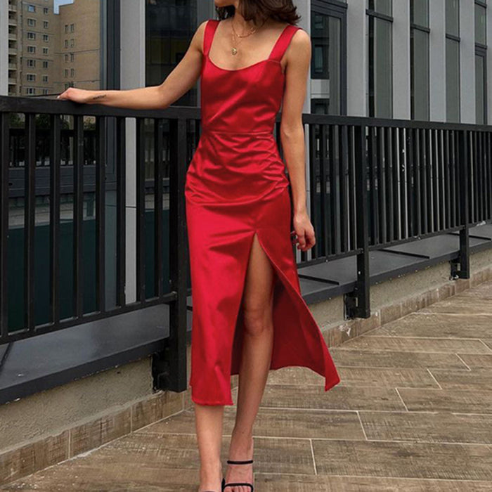 Summer Sexy Women  Wear Sling Slit Design   Satin Satin Dress