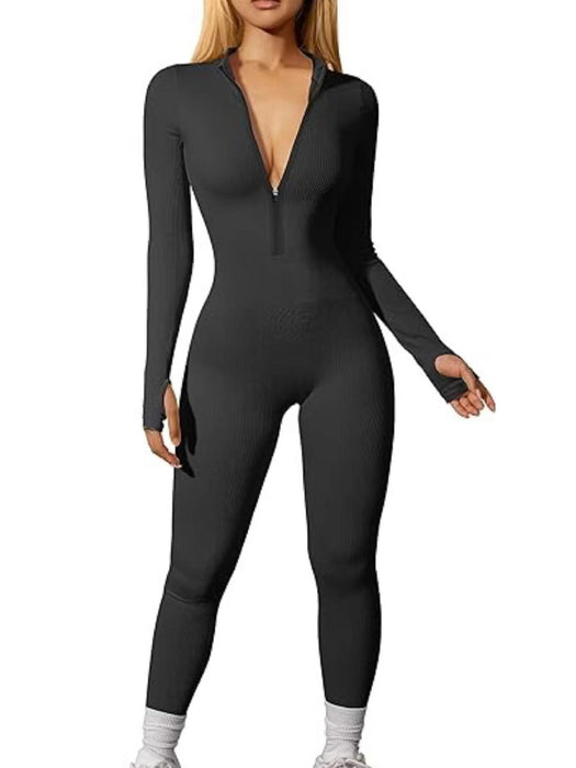 Women Sports Jumpsuit Workout Ribbed Long Sleeve Zipper Casual Jumpsuit Trousers Tight