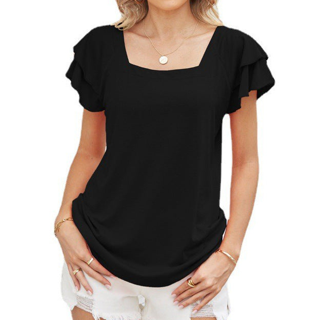 Summer Square Collar Ruffle Sleeve Petal Sleeve Short Sleeve Loose T Shirt Top Women