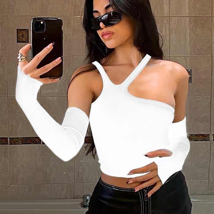 Fall Women  Clothing Cropped Strapless Irregular Asymmetric Split Oversleeves Slim Fit Sexy T shirt Women