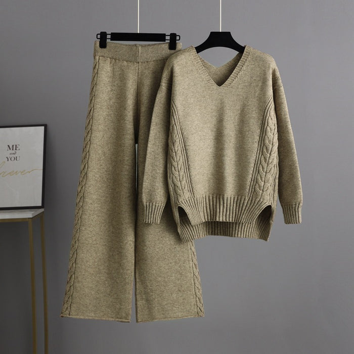 Knitted Wide Leg Pants Sweater Suit for Women Autumn Korean Loose Thick Twet