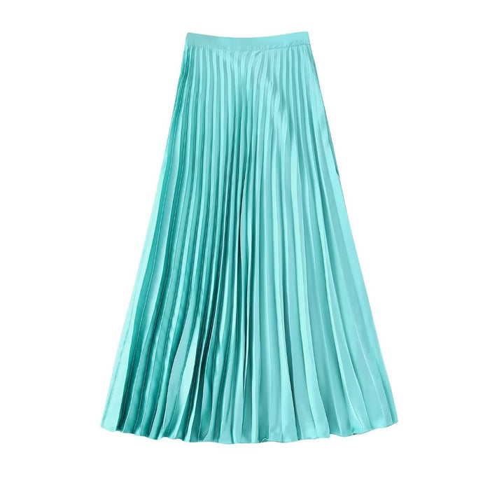 Summer Wind Women Blue Silk Satin Texture Pleated Skir