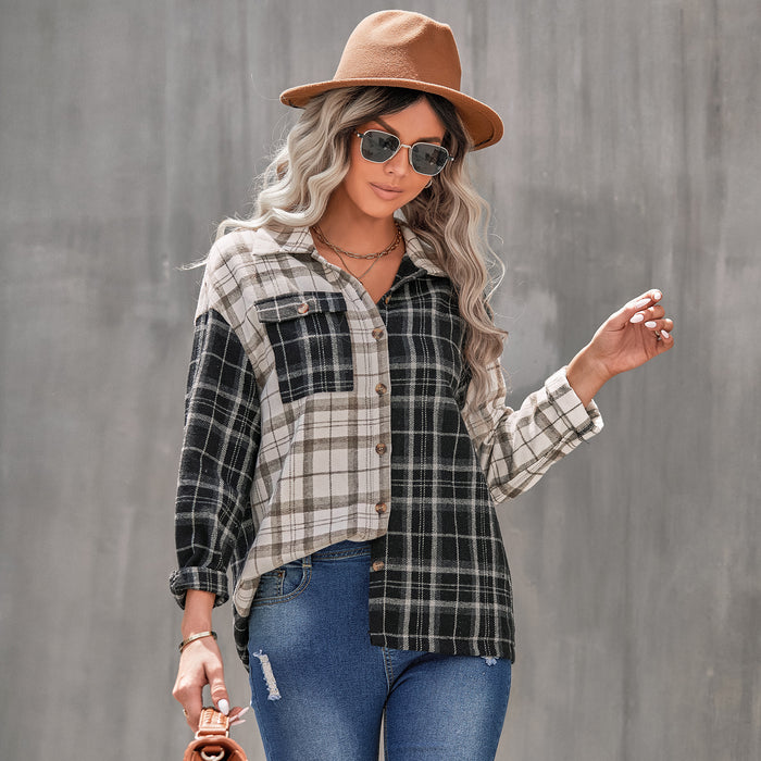 Early Autumn Polo Collar Plaid Top Women Clothing Long Sleeve Cardigan Loose Shirt