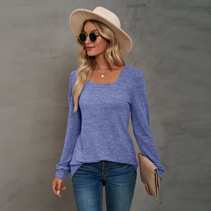 Autumn Winter Popular T shirt Solid Color Pleated Long Sleeve Casual Puff Sleeve Bottoming Shirt