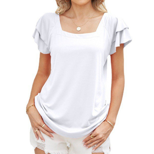 Summer Square Collar Ruffle Sleeve Petal Sleeve Short Sleeve Loose T Shirt Top Women