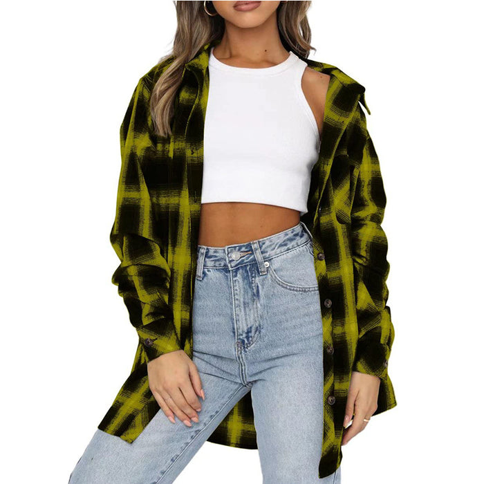 Women Autumn Winter Women Casual Pocket Loose Plaid Shirt