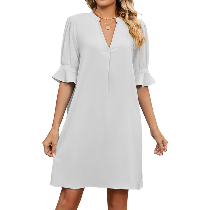 Summer Solid Color V neck Loose Pleated Half Length Sleeve Dress Women