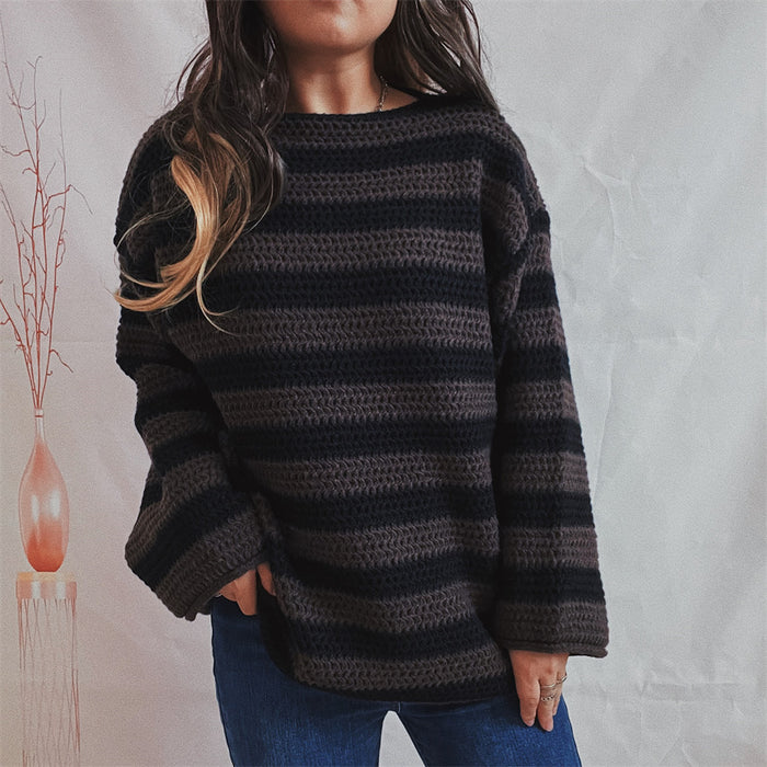 Autumn Winter Coat Loose off Shoulder Striped Long Sleeved Knitted Pullover Casual Sweater for Women