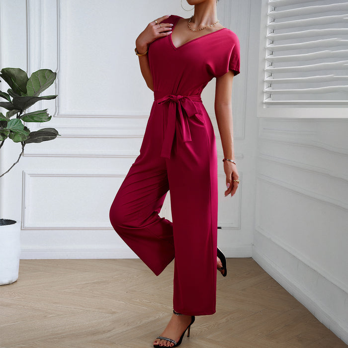 Solid Color Jumpsuit Women Summer Short Sleeve V neck Jumpsuit