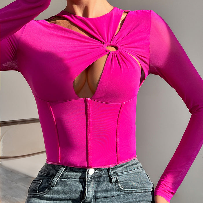 Sexy Cutout See through Stitching Mesh Boning Corset Waist Slim Long Sleeve Top