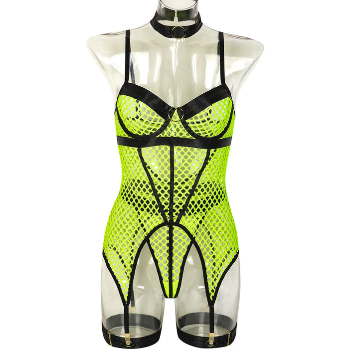 Sexy Skirt Three Piece Set At Large Mesh Stitching with Steel Ring Halter Leg Ring Underwear