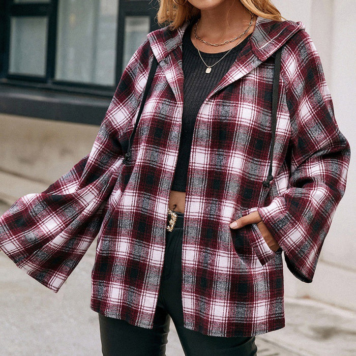 Casual Hooded Checked Shirt Loose Plaid Trench Coat Coat Top Women Outerwear