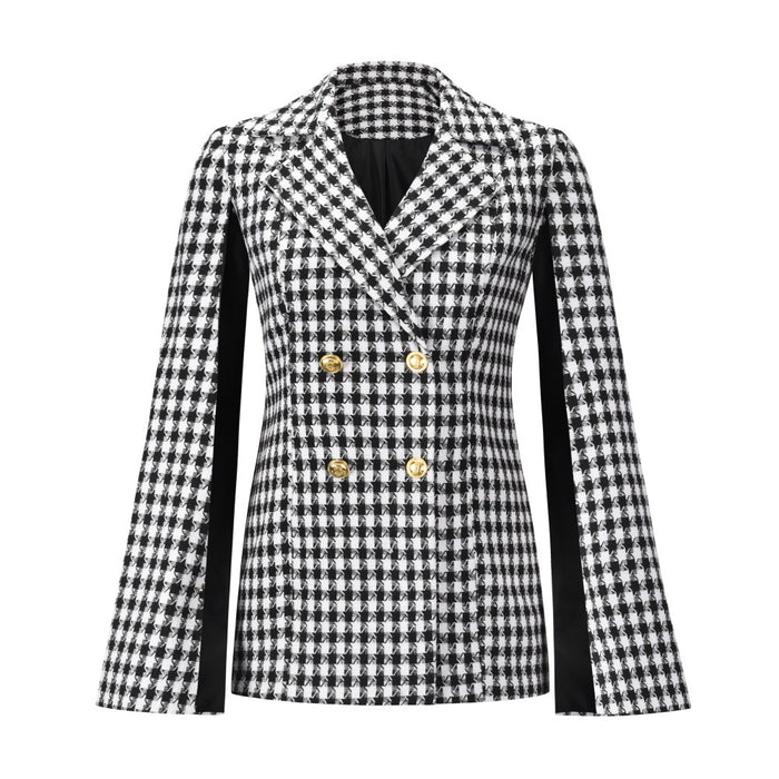 Blazer Houndstooth Design Double Breasted Shawl Small Coat Autumn Winter Hepburn Graceful Coat Tweed