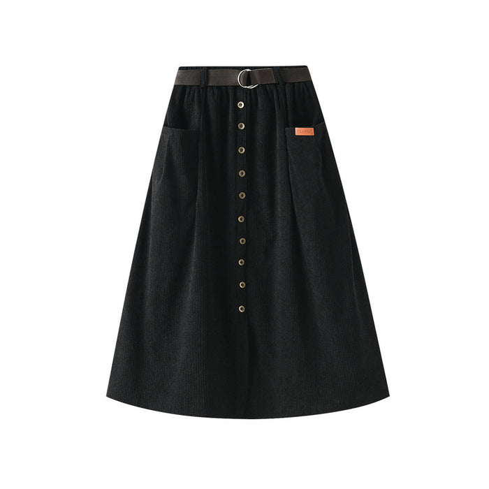 Corduroy Skirt for Women Mid Length High Waist A  line Sheath Skirt Autumn  with Belt