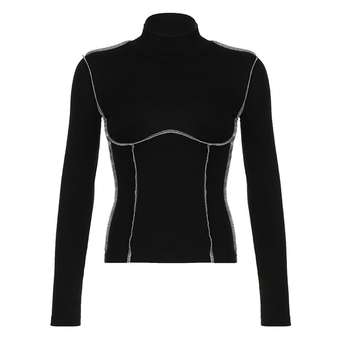 Casual Women Clothing Small Turtleneck Tight Long Sleeved Top Reverse Car Drawing Line Autumn Winter Undershirt