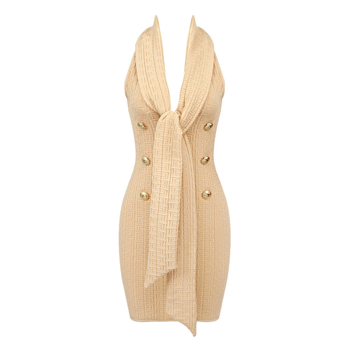 Women Apricot Sleeveless V neck Ribbon Knitted Jacquard Stretch Autumn Dress Bandage Dress