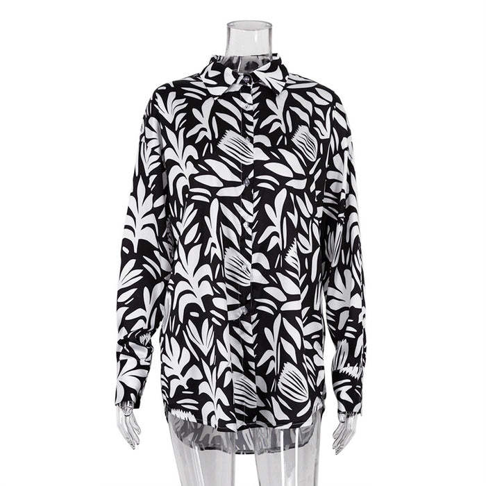 Spring Summer Fashionable Print Shirt Satin Drooping Slimming Long Sleeve Shirt Top Women