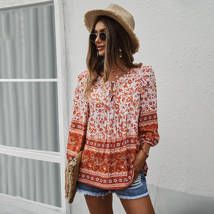 Bohemian Women Babydoll Top Spring Summer Print Shirt