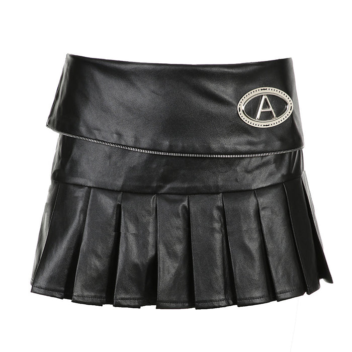 Letters Standard Low Waist Sexy Leather Pleated Mini Skirt Short