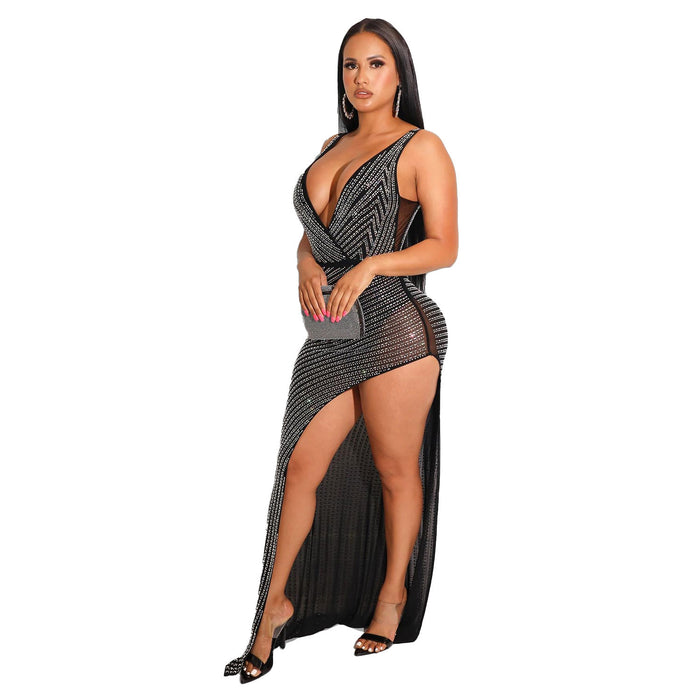 Sexy V neck See through Slim Fit Rhinestone Dress