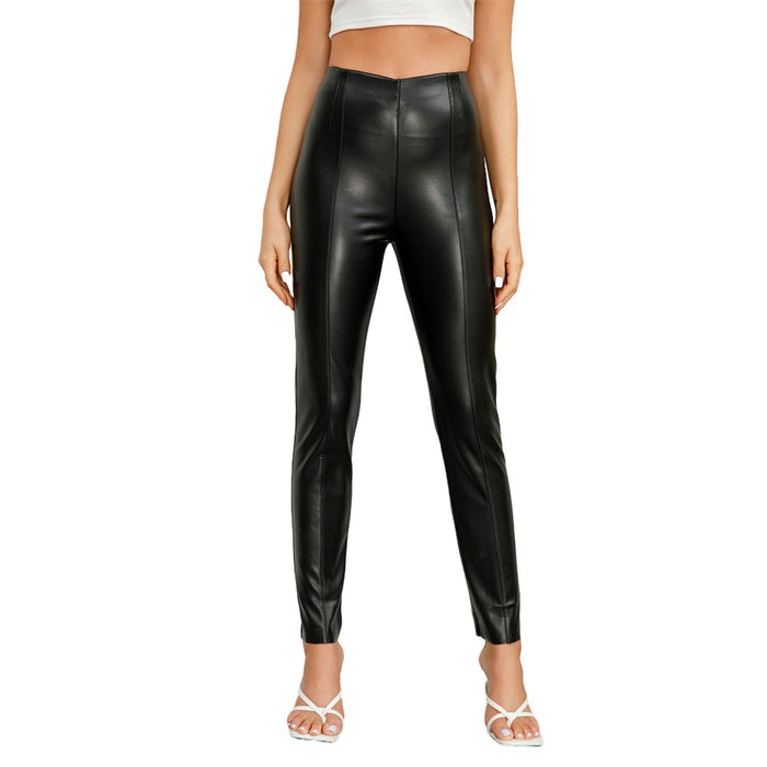 Punk Close Fitting Fleece Faux Leather Pants Women Spring Autumn Pants