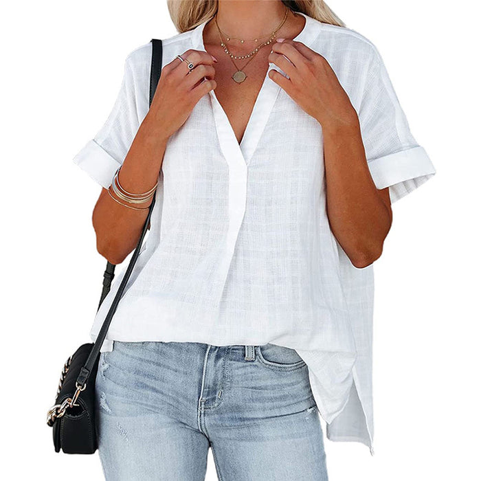 Casual Summer Women V-neck Short Sleeve Solid Color Thin Loose Checked Shirt