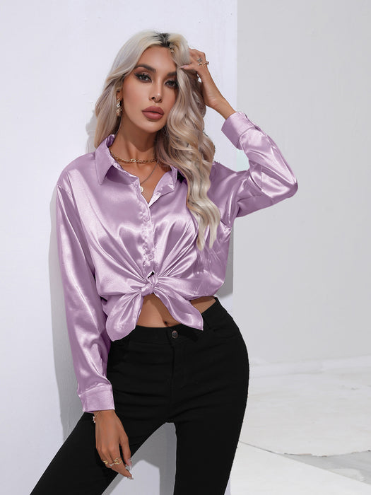 Satin Shirt Women Satin Artificial Silk Long Sleeve Shirt Spring Summer Women Clothing