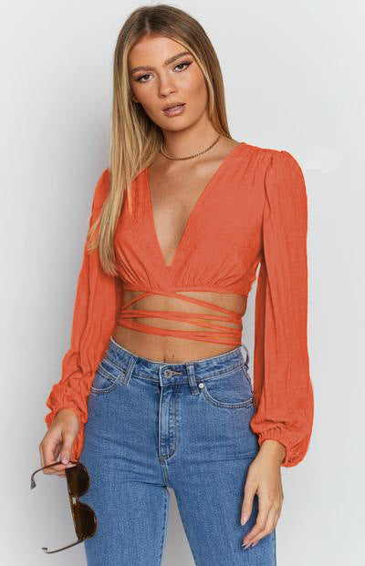 Solid Color Women Summer Breathable Lantern Sleeve Sexy V-neck Lace-up Cardigan Crop Top Short Top Sun Protection Shirt