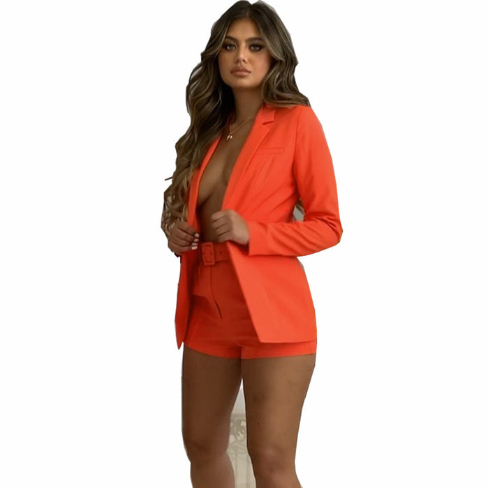 Top Shorts Suit with belt Sexy Women Casual Polo Collar Cardigan