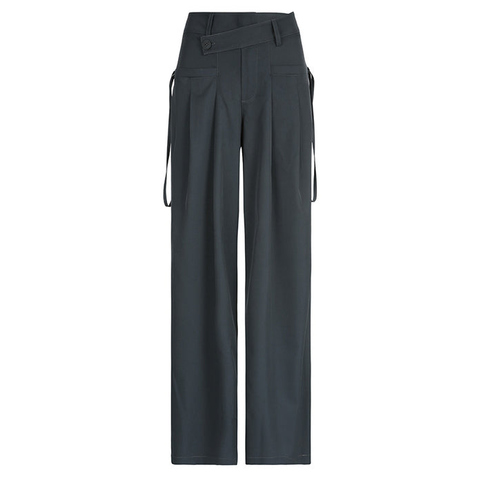 High Street Trendsetter Wear Irregular Asymmetric Waist Design Low Waist Straight Ribbon Loose Drooping Wide Leg Pants