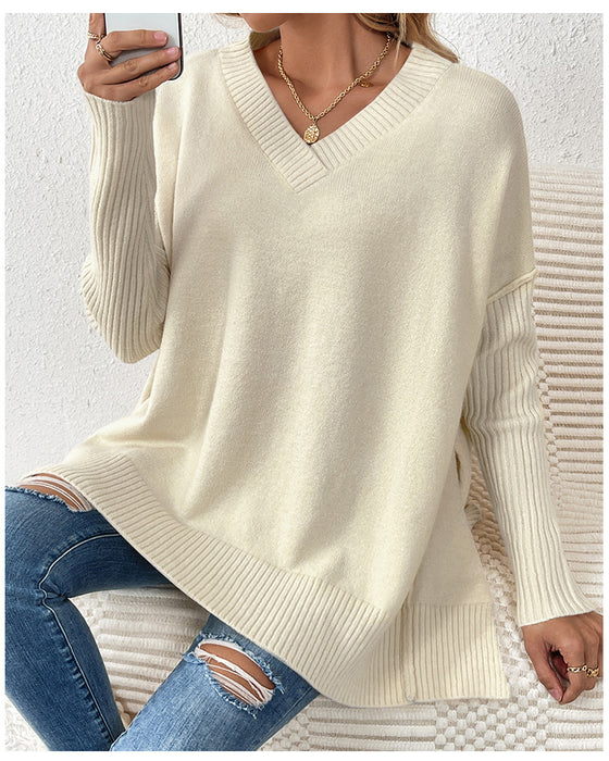 Autumn Winter Pullover Sweater Idle V neck Casual Stitching Long Sleeved Sweater for Women