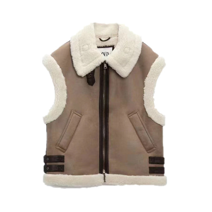 Autumn Winter Women Brown Fur Collared Vest Coat Thickened Vest