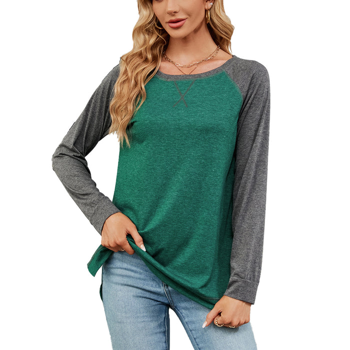 Autumn Winter round Neck Contrast Color Loose Long-Sleeved T-shirt Split Top Women