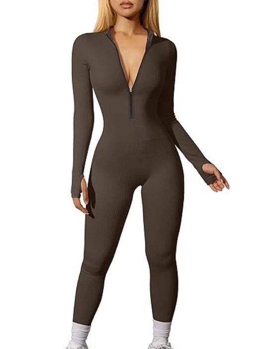 Women Sports Jumpsuit Workout Ribbed Long Sleeve Zipper Casual Jumpsuit Trousers Tight