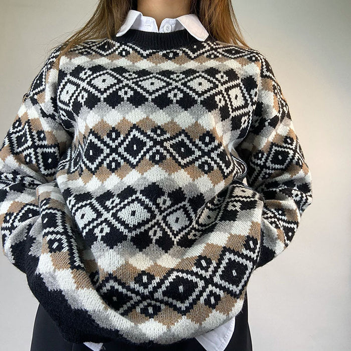 Retro Loose Long Sleeved Knitted Sweater Autumn Winter Rhombus Color Matching Shirt