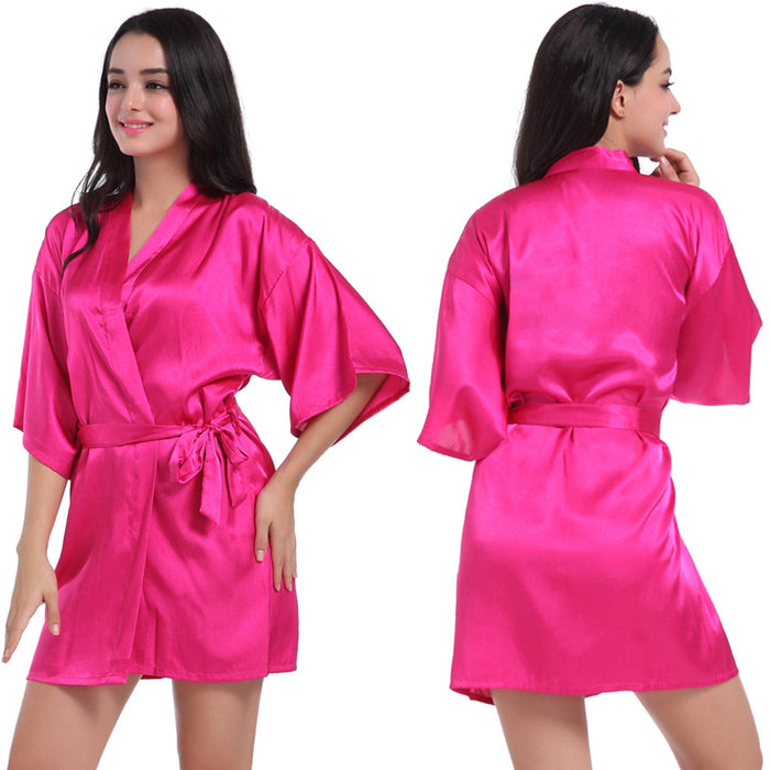 Ladies Robe Artificial Silk Satin Kimono Gown Glossy Solid Color Thin Cardigan Gown Summer Sexy Short Bathrobe