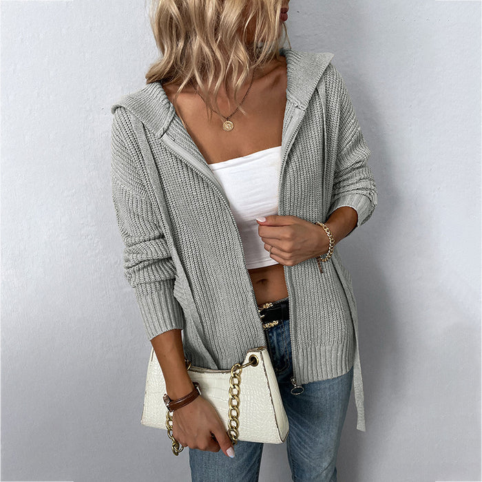 Solid Color Hooded Zipper Knitwear Autumn Winter Drawstring Pocket Sweater Women Cardigan Coat