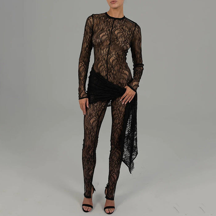 Fall Sexy Hollow Out Cutout Lace Sheer Long Sleeve Slim Fit Patchwork Jumpsuit for Women