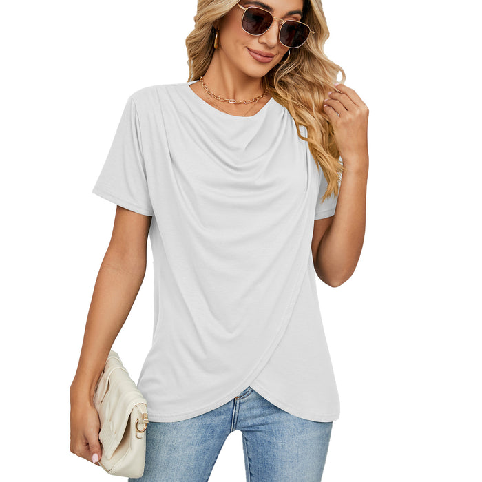 Summer Solid Color round Neck Criss Cross Loose Short Sleeve T shirt Top Women