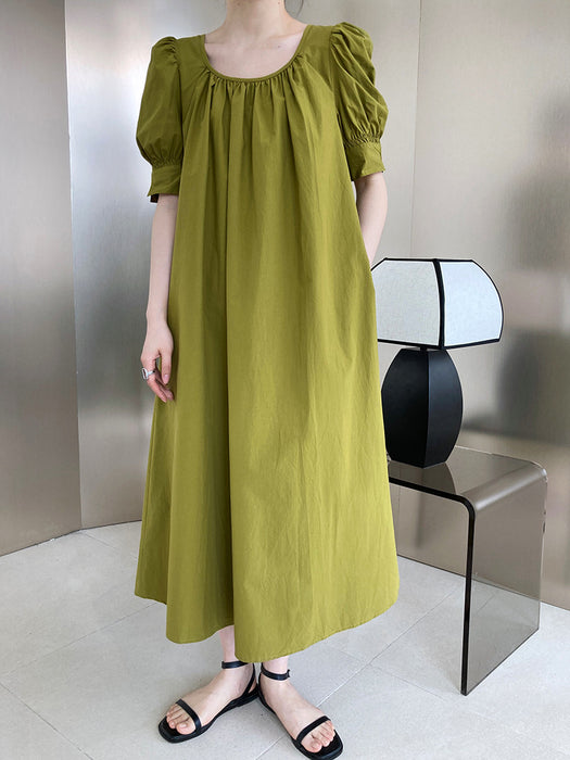 Puff Sleeve Mid Length Dress Loose Slimming A line Dress