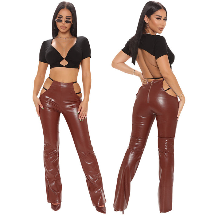 Women Autumn Winter Clothing New Slim Crocodile Pattern Faux Leather Straight Sexy Casual Trousers