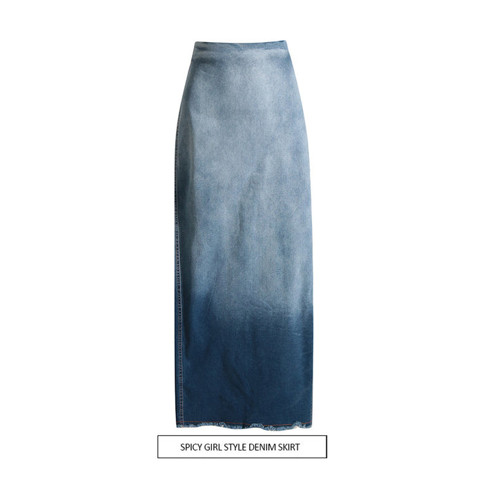 Summer Gradient Color Washed Frayed Hem Split Sexy Slimming Sheath Denim Skirt