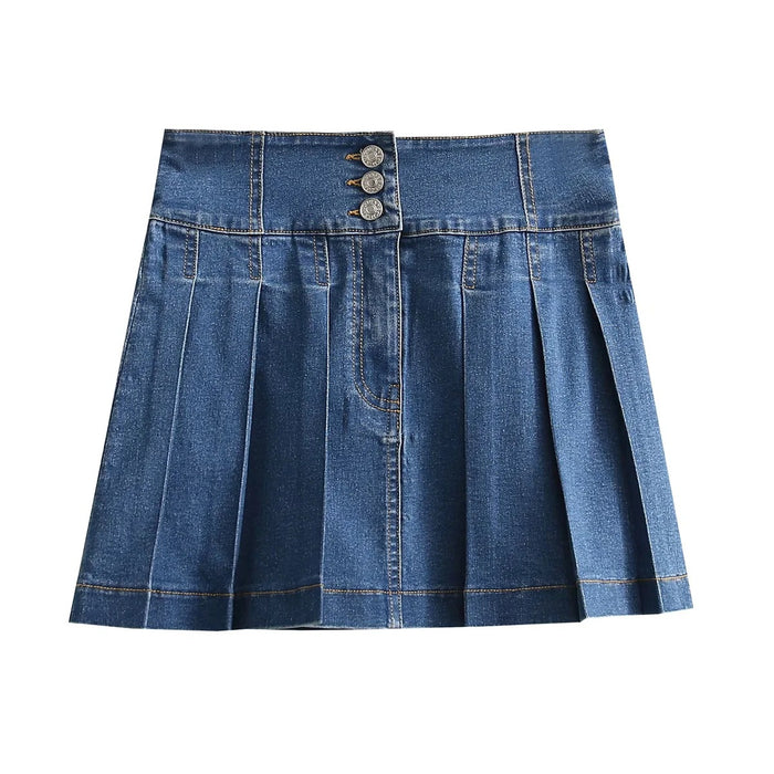 Korean Sweet Youth Pleated Skirt Women Spring Summer Blogger Same High Waist Denim Skirt