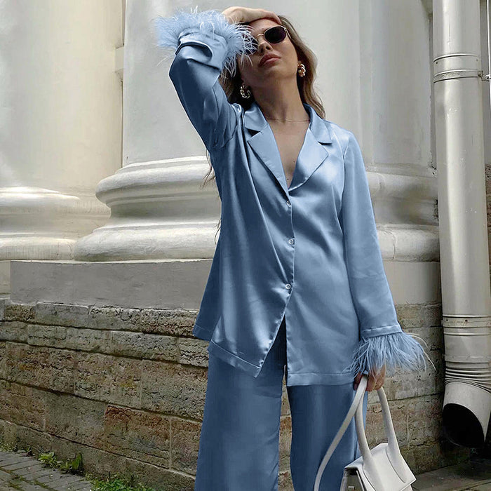 Autumn Feather Pajamas Long Sleeve Trousers Suit Loose Artificial Silk Outerwear Ladie  Homewear