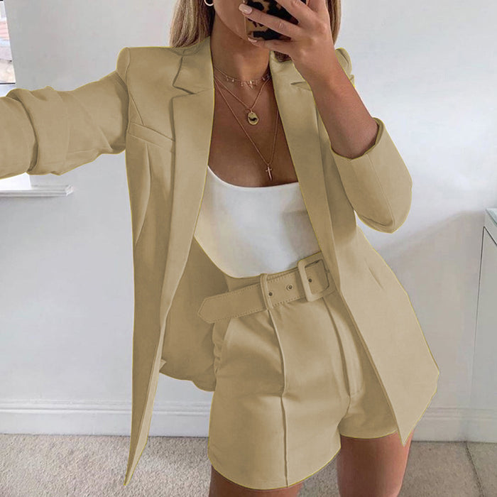 Top Shorts Suit with belt Sexy Women Casual Polo Collar Cardigan