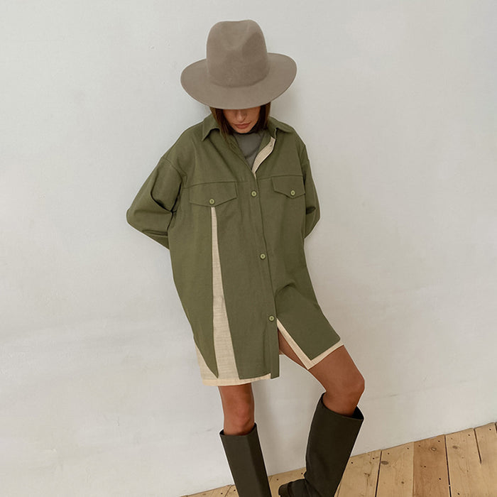 Long Sleeve Long Shirt Stitching Contrast Color Niche Women Clothing Retro Design Shirt Dress Women Clothing