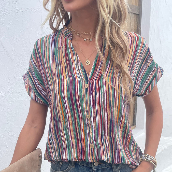 Summer Shirt Striped Button Short Sleeve Shirt Women Loose Fitting Women Lining